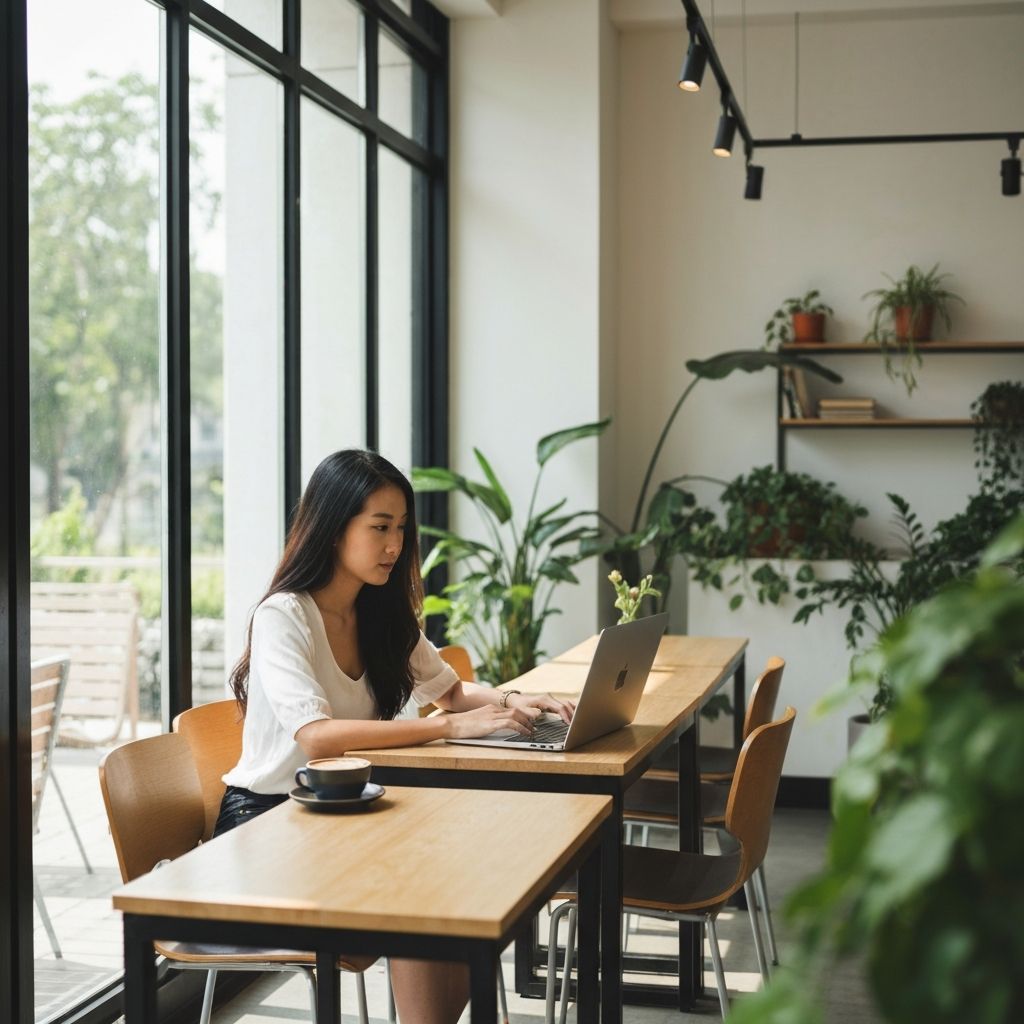 Digital nomad working in a beautiful cafe